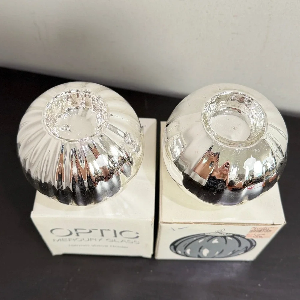 Dept 56 Optic Mercury Glass Votive Holder Set of 2 Handblown Silver 100mm
